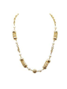Vintage Gold-Tone Beaded Chain Necklace with Faux Baroque Pearls & Textured Coil